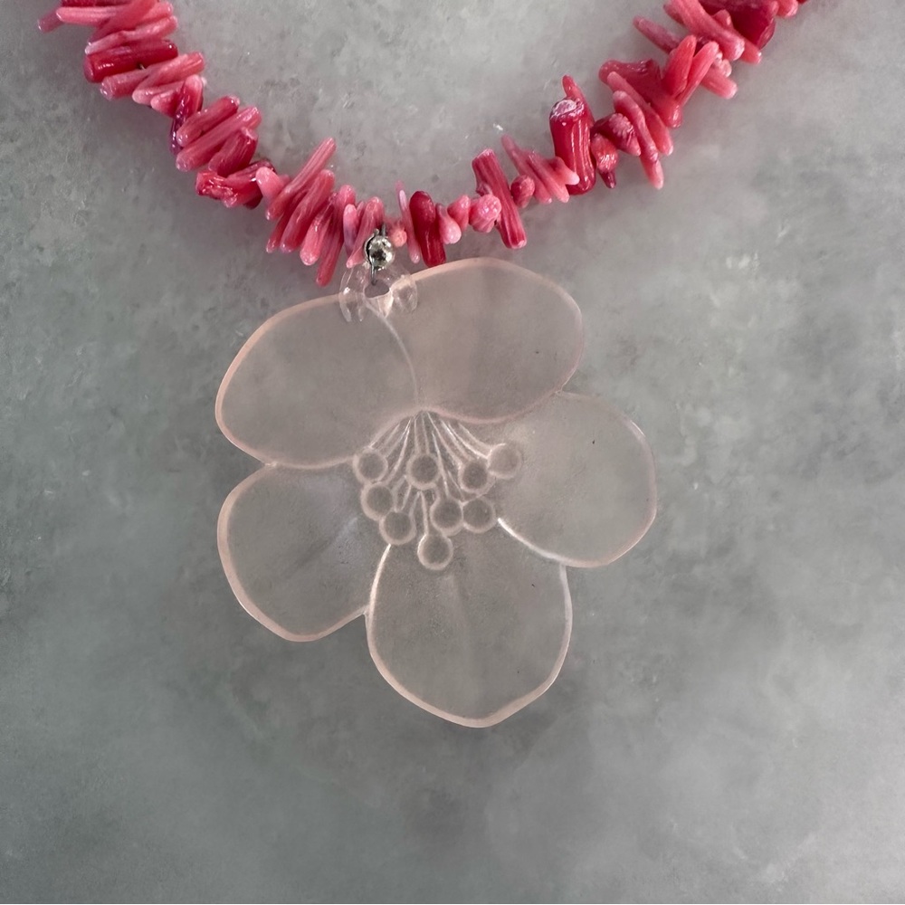 Pink Coral Necklace with Hibiscus Flower Pendant NEW 17” Handmade